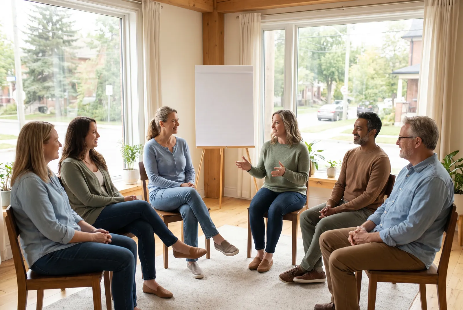 Six personnes assises en demi-cercle pendant un atelier de relation d'aide